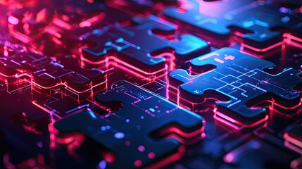 Poster - Interlocking neon puzzle pieces floating on a futuristic background, showcasing efficient API integration