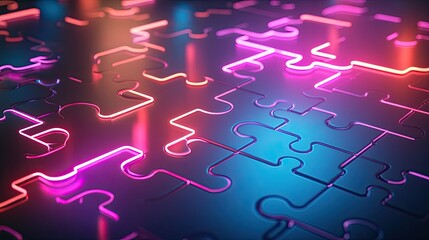 Poster - Interlocking neon puzzle pieces floating on a futuristic background, showcasing efficient API integration