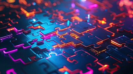 Poster - Interlocking neon puzzle pieces floating on a futuristic background, showcasing efficient API integration