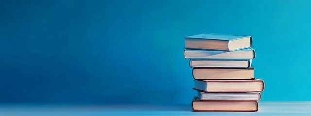 Poster - Stack of books on blue background.