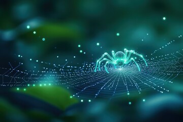 Poster - Cyber Spider in the Digital Web: Glowing teal spider on a glowing teal web in a dark forest setting.  A surreal and mysterious image perfect for tech, cybersecurity, or fantasy themes. 