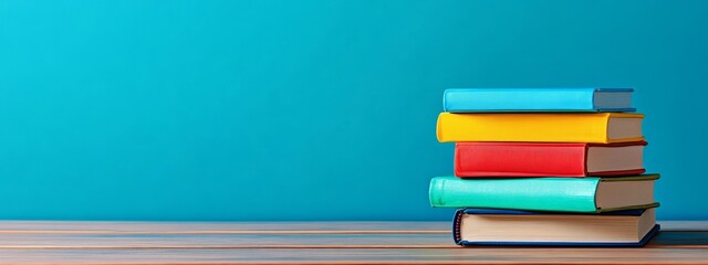 Poster - A stack of colorful books on a wooden table against a blue background.