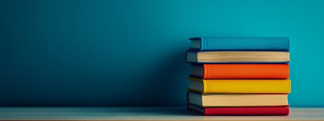 Poster - Stack of colorful hardback books on a wooden table in front of a blue wall.