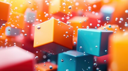 Wall Mural - Colorful 3D Geometric Cubes with Floating Bubbles in a Vibrant Abstract Background