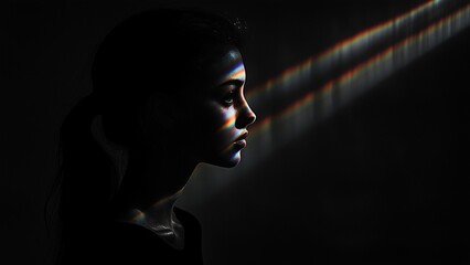 Silhouette of a woman in Total darkness with mysterious colourful light ray, blending beauty and mystery 