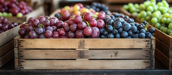 Canvas Print - A close-up of three wooden crates filled with ripe red and black grapes.