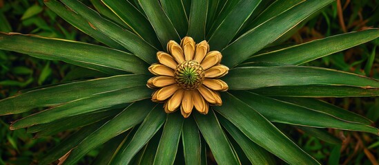 Canvas Print - A close-up of a green plant with a yellow flower in the center.