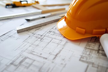 Poster - A yellow hard hat sits on a blueprint with a ruler and other tools in the background.