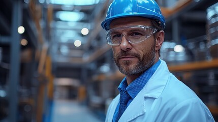 A professional engineer wearing a blue hard hat and lab coat conducts quality checks in a modern manufacturing facility