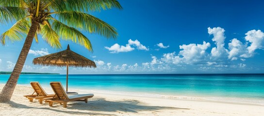 Two lounge chairs on white sand beach with a palm tree and turquoise water,  in the background is a blue sky and white fluffy clouds.