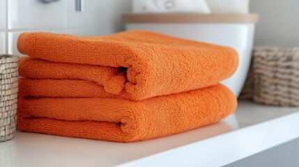 Neatly folded orange towels on a white bathroom shelf, creating a bright, welcoming vibe in the space.