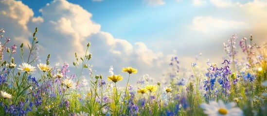 Wall Mural - a field of wildflowers in full bloom on a sunny day with a blue sky and fluffy clouds.