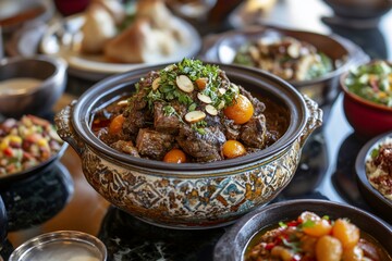 Wall Mural - A traditional Moroccan tagine with lamb and vegetables, served in a beautiful, intricately patterned clay pot, surrounded by other dishes.