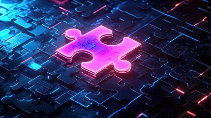 Poster - Neon puzzle pieces aligning perfectly in a futuristic digital space, representing API integration and technology synergy
