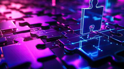 Poster - Neon puzzle pieces floating in a futuristic digital space, representing efficient API integration in technology systems