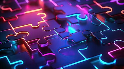 Poster - Neon puzzle pieces interlocking in a futuristic tech background, symbolizing API integration and system connectivity