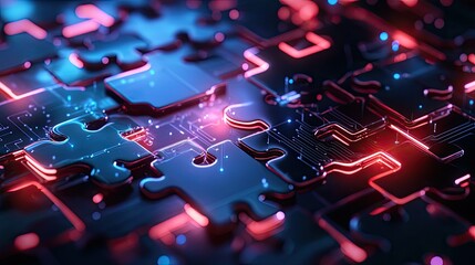 Poster - Neon puzzle pieces interlocking in a futuristic tech background, symbolizing API integration and system connectivity