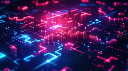 Poster - Neon puzzle pieces interlocking on a futuristic digital display, representing API integration and seamless connectivity
