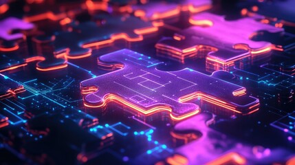 Poster - Neon puzzle pieces interlocking on a futuristic digital display, representing API integration and seamless connectivity