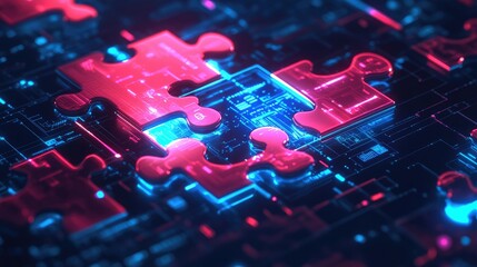 Poster - Neon puzzle pieces interlocking on a tech-centric digital background, symbolizing API integration in modern applications