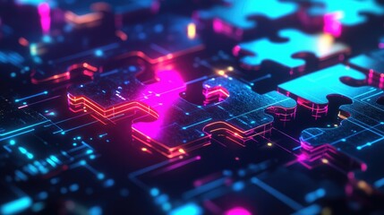 Poster - Neon puzzle pieces interlocking on a tech-centric digital background, symbolizing API integration in modern applications