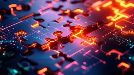 Poster - Neon puzzle pieces merging into a complex system, illustrating API integration in a high-tech environment
