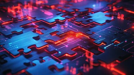 Poster - Neon puzzle pieces merging into a complex system, illustrating API integration in a high-tech environment