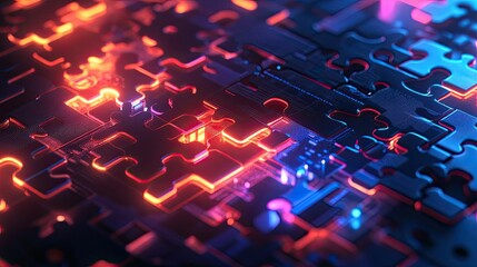 Poster - Neon puzzle pieces on a glowing digital interface, symbolizing API integration and interconnected systems
