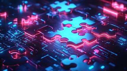 Poster - Neon puzzle pieces on a glowing digital interface, symbolizing API integration and interconnected systems