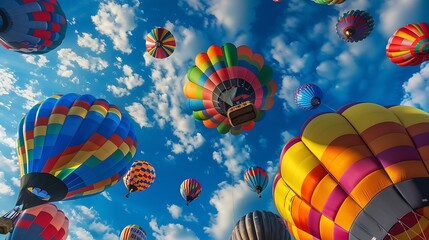 A view of many hot air balloons soaring through a clear blue sky with fluffy white clouds. The colorful balloons create a joyful and vibrant atmosphere.