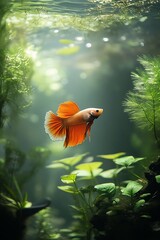 A vibrant orange betta fish with flowing fins swims in a lush, green planted aquarium.