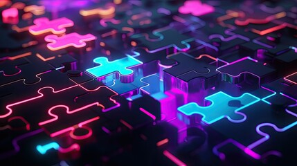Poster - Neon-colored puzzle pieces assembling on a glowing platform, representing efficient API integration and technology systems