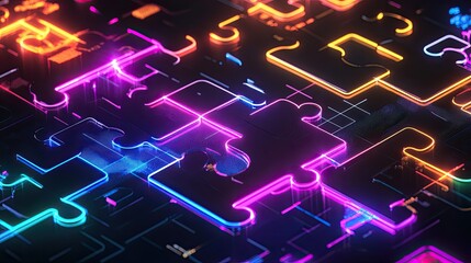 Poster - Neon-colored puzzle pieces connecting on a tech-centric digital platform, symbolizing seamless API integration