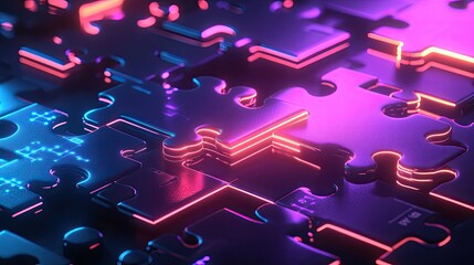 Poster - Neon-colored puzzle pieces connecting on a tech-centric digital platform, symbolizing seamless API integration