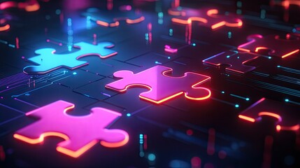 Poster - Neon-colored puzzle pieces connecting on a tech-centric digital platform, symbolizing seamless API integration