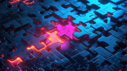 Poster - Neon-colored puzzle pieces locking into place on a glowing digital platform, symbolizing API integration