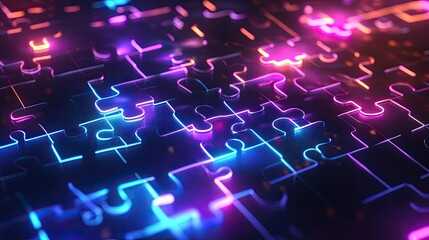 Poster - Neon-colored puzzle pieces merging on a glowing digital display, representing smooth API integration