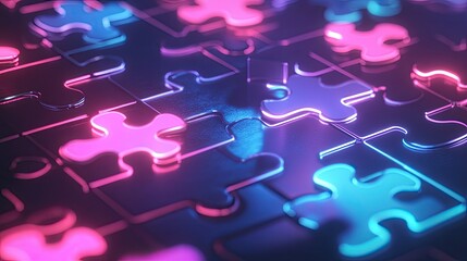 Poster - Neon-colored puzzle pieces locking into place on a glowing digital platform, symbolizing API integration