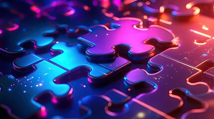Poster - Neon-colored puzzle pieces merging on a glowing digital display, representing smooth API integration
