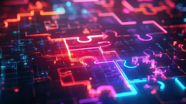 Neon-colored puzzle pieces merging on a glowing digital display, representing smooth API integration