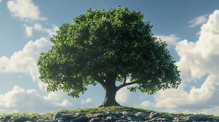 A lone tree with lush green leaves stands tall on a rocky hilltop against a backdrop of fluffy white clouds and a bright blue sky.