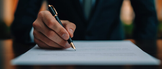 Close-up of a hand writing on a document with a pen, blurred background.