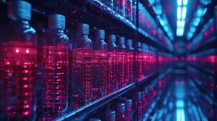 Poster - Shelves filled with illuminated water bottles in vibrant pink and blue hues at a modern facility during evening hours