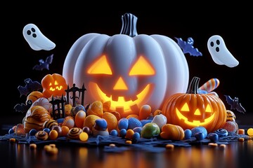 3D digital model of a Halloween candy shop display, with glowing candies, detailed spooky decorations, and animated ghostly figures floating around