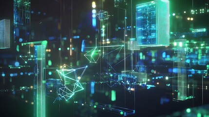 Abstract digital network with glowing lines and geometric shapes in green and blue colors on a dark background.
