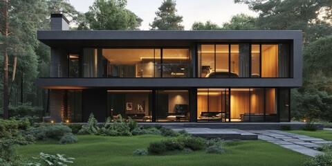 Aufkleber - Modern two-story house with large windows overlooking a green lawn and forest.