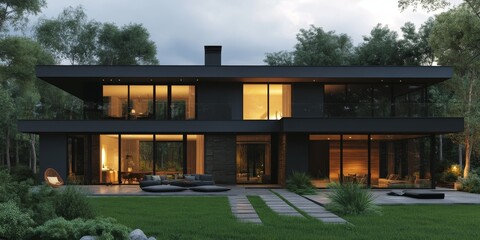 Aufkleber - Modern black house with large windows and a patio surrounded by trees.