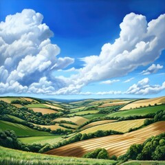 Rolling countryside with patchwork fields of green and gold, under a vast blue sky with fluffy white clouds.