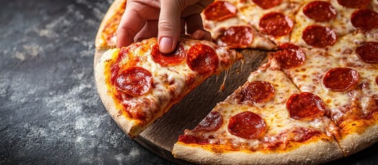 Wall Mural - A hand reaches for a slice of pepperoni pizza, ready to be devoured.