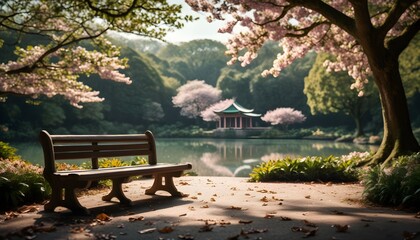 Canvas Print - Serene monastery garden adorned with blooming cherry blossoms, embodying concepts of spirituality and peace